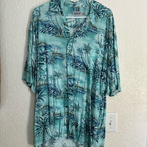 Blue Casual Button Down Shirt with Tropical Design